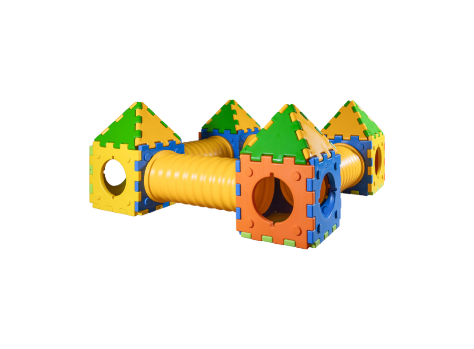 Modulaire speelkasteel met 4 huisjes en 4 tunnels
