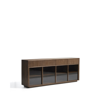 Helvine dressoir met 4 deuren en 4 laden in essenhoutfineer met walnootafwerking en gehard glas, 200 x 80 cm, FSC 100%