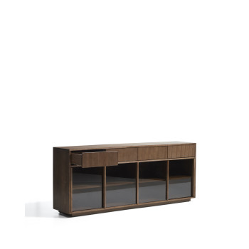 Helvine dressoir met 4 deuren en 4 laden in essenhoutfineer met walnootafwerking en gehard glas, 200 x 80 cm, FSC 100%