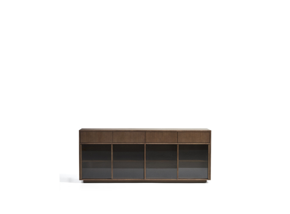 Helvine dressoir met 4 deuren en 4 laden in essenhoutfineer met walnootafwerking en gehard glas, 200 x 80 cm, FSC 100%