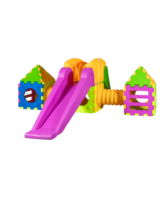 Kubiek speelgoedmodel i2000 – modulair spel met 1 grote glijbaan en 2 huisjes.