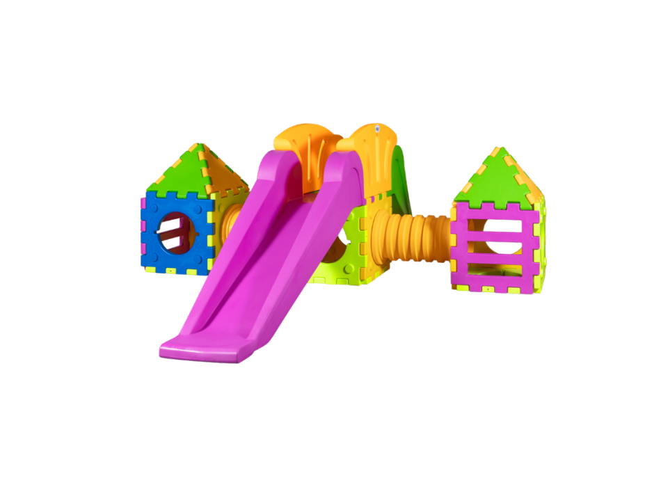 Kubiek speelgoedmodel i2000 – modulair spel met 1 grote glijbaan en 2 huisjes.