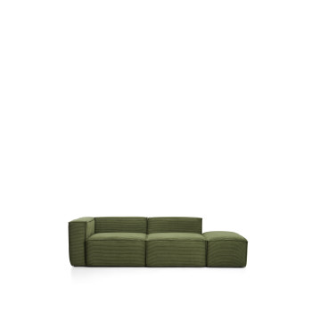 Blok 3-zitsbank met linkerarmleuning en poef aan het uiteinde, uitgevoerd in dik groen corduroy, 270 cm, FSC Mix Credit.