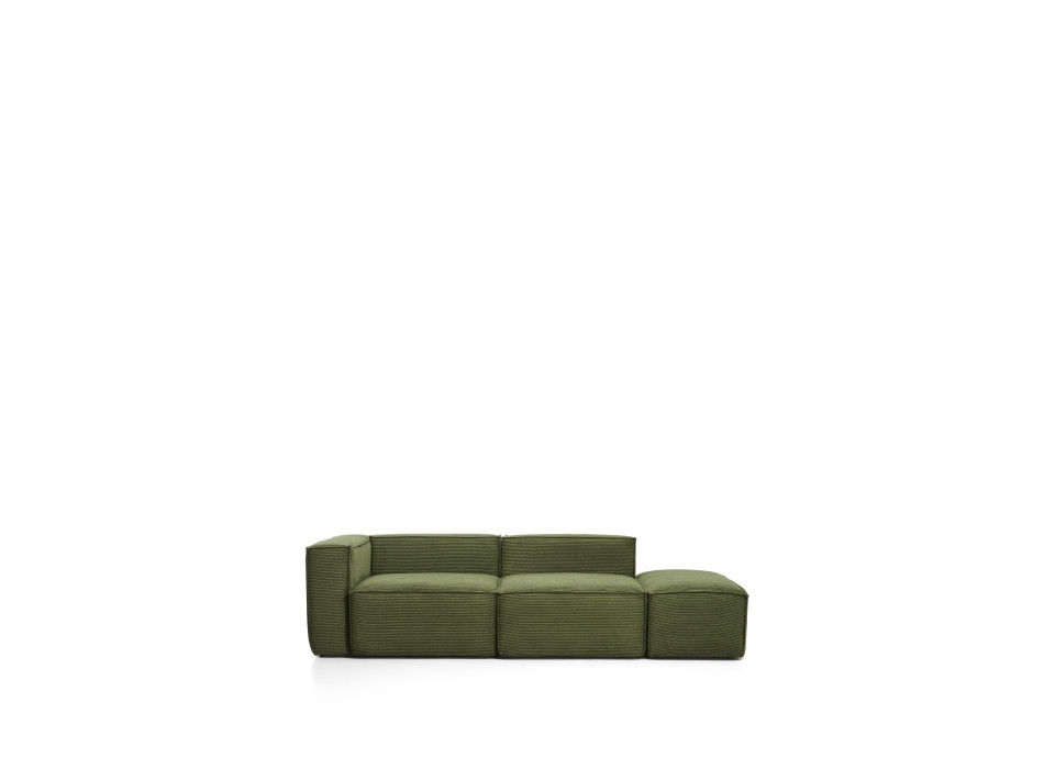 Blok 3-zitsbank met linkerarmleuning en poef aan het uiteinde, uitgevoerd in dik groen corduroy, 270 cm, FSC Mix Credit.