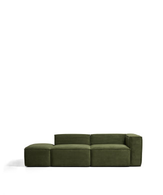 Blok 3-zitsbank met linkerarmleuning en poef aan het uiteinde, uitgevoerd in dik groen corduroy, 270 cm, FSC Mix Credit.