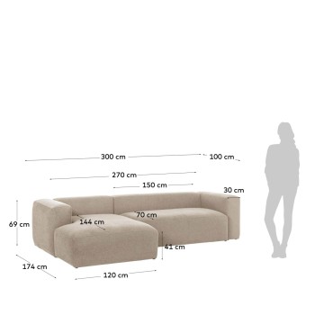 Blok 3-zitsbank met chaise longue links, beige, 300 cm