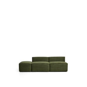 Blok 3-zitsbank met poef aan het uiteinde, uitgevoerd in dik groen corduroy, 240 cm, FSC Mix Credit