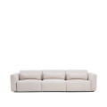 Lares 5-zitsbank met gemotoriseerde schuifzittingen en verstelbare hoofdsteun in beige chenille, 335 cm