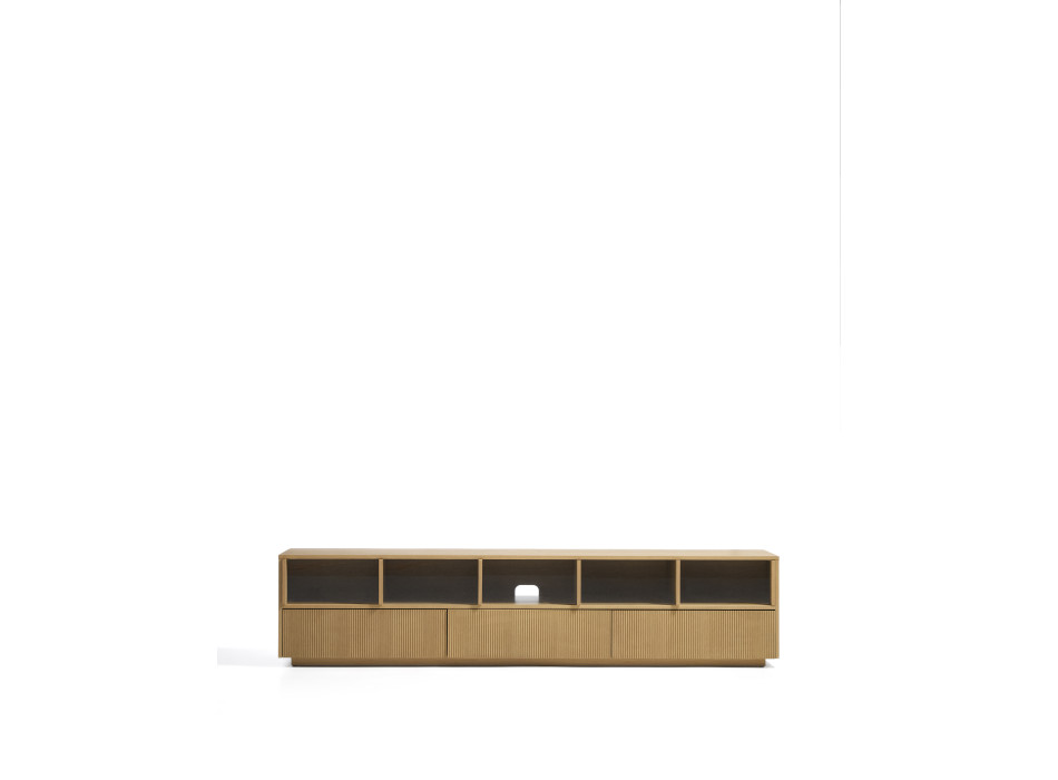 Helvine tv-meubel met 5 deuren en 3 lades in eikenfineer en gehard glas, 242 x 53,5 cm, 100% FSC-gecertificeerd.