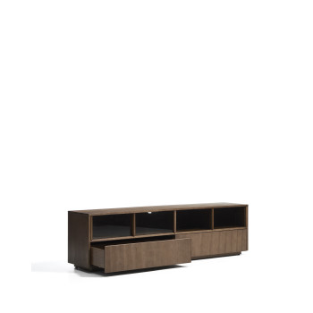 Helvine tv-meubel met 4 deuren en 2 lades in essenhoutfineer met walnootafwerking en gehard glas, 200 x 54 cm, 100% FSC-gecertificeerd.