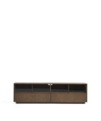 Helvine tv-meubel met 4 deuren en 2 lades in essenhoutfineer met walnootafwerking en gehard glas, 200 x 54 cm, 100% FSC-gecertificeerd.