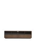 Helvine tv-meubel met 4 deuren en 2 lades in essenhoutfineer met walnootafwerking en gehard glas, 200 x 54 cm, 100% FSC-gecertificeerd.