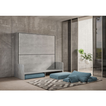 Mod.Kando tweepersoonsbed met bank - Kando opklapbaar tweepersoonsbed met bank in wit essenhout, lichtblauw