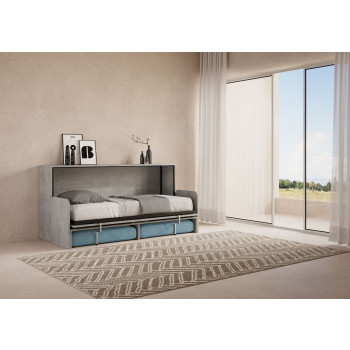 Mod.Kando Single met Sofa - Kando eenpersoons wandbed met sofa in wit, grijs en lichtblauw