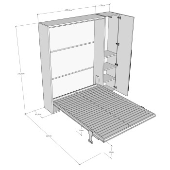 Mod. Versia Frans 140 met kledingkast met 1 deur links-rechts - Frans opklapbaar tweepersoonsbed 140 Versia met kledingkast met 1 deur links klei