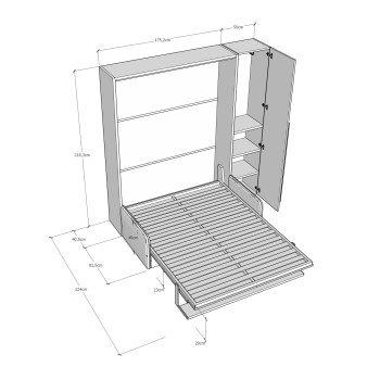 Mod. Versia tweepersoonsbed 160 met bank, plank en kledingkast met 1 deur links-rechts - Tweepersoons opklapbed 160 Versia met bank, plank en kledingkast met 1 deur rechts klei
