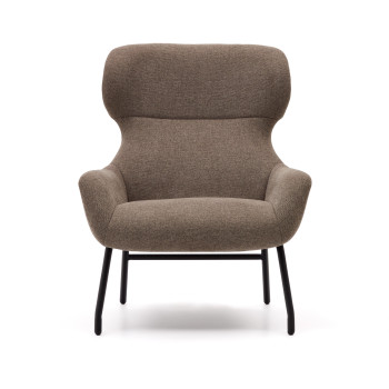 Belina fauteuil in lichtbruine chenille en staal met zwarte afwerking, 100% FSC-gecertificeerd.