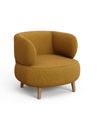 Luisa brandwerende fauteuil in mosterdkleurige schapenvachtlook met massief beukenhouten poten van 90 cm.