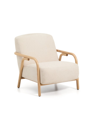 Sylo fauteuil in beige chenille en massief essenhout met een natuurlijke FSC 100% afwerking.