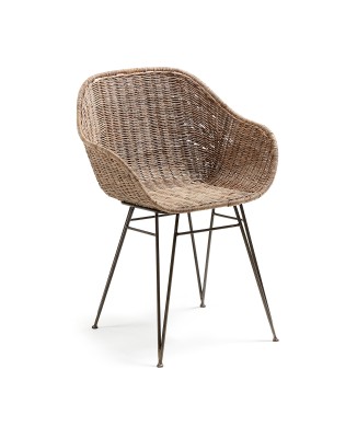 Stoel met rotan frame en stalen poten, grijze afwerking, natuurlijke rotan