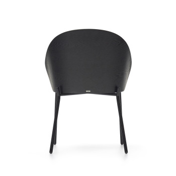 Eamy-stoel in lichtgrijze chenille, essenhoutfineer, zwarte afwerking en zwart metaal.