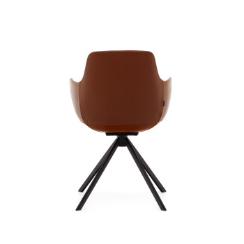 Tissiana draaistoel met automatische terugkeerfunctie in bruin synthetisch leer met matzwart aluminium.