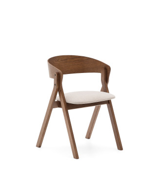 Godia stoel in essenhoutfineer met wengé afwerking en beige chenille.