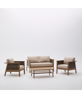 Alabe-set bestaande uit een 2-zitsbank, 2 fauteuils en een salontafel, vervaardigd uit 100% FSC-gecertificeerd acaciahout.