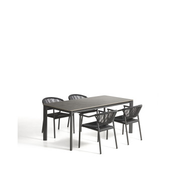 Anafi eettafelset van gesinterd steen en grafietaluminium en 4 Livadia stoelen van grafietaluminium, 180 x 90 cm