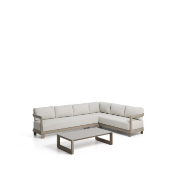 Nerano set met 5-zits hoekbank en salontafel van gehard glas en taupekleurig aluminium