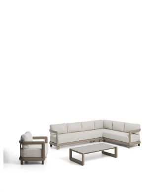 Nerano set met 5-zits hoekbank, fauteuil en salontafel van gehard glas en taupekleurig aluminium
