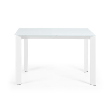 Uitschuifbare tafel Axis met wit glas en witte stalen poten, 120 (180) cm