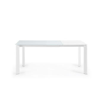 Uitschuifbare tafel Axis met wit glas en witte stalen poten, 120 (180) cm