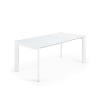 Uitschuifbare tafel Axis met wit glas en witte stalen poten, 120 (180) cm