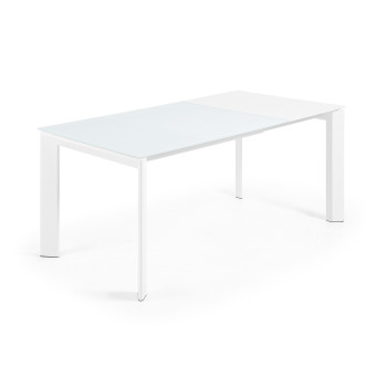 Uitschuifbare tafel Axis met wit glas en witte stalen poten, 120 (180) cm