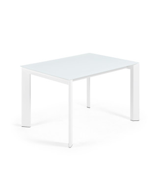 Uitschuifbare tafel Axis met wit glas en witte stalen poten, 120 (180) cm