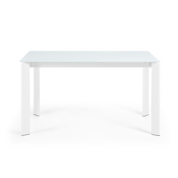 Axis uitschuifbare tafel van wit glas met witte stalen poten, 140 (200) cm