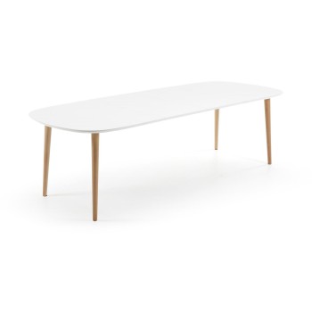 Oqui uitschuifbare tafel, wit gelakt MDF, 100% natuurlijke poten, witte lak