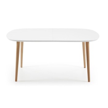 Oqui uitschuifbare tafel, wit gelakt MDF, 100% natuurlijke poten, witte lak