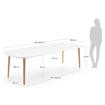 Oqui uitschuifbare tafel, wit gelakt MDF, 100% natuurlijke poten, witte lak