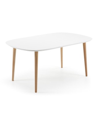 Oqui uitschuifbare tafel, wit gelakt MDF, 100% natuurlijke poten, witte lak