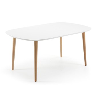 Oqui uitschuifbare tafel, wit gelakt MDF, 100% natuurlijke poten, witte lak