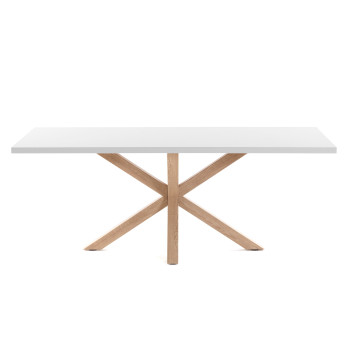 Argo melamine tafel met witte afwerking en stalen poten met houtlook, 200 x 100 cm