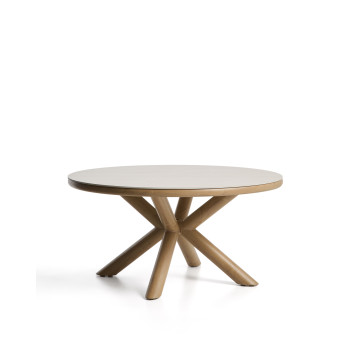 Mirtia buitentafel van aluminium met houtlook en ecru gesinterd steen, Ø 148 cm