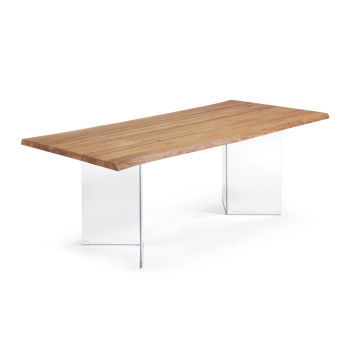 Lotty tafel van eikenfineer met natuurlijke afwerking en glazen poten, 220 x 100 cm