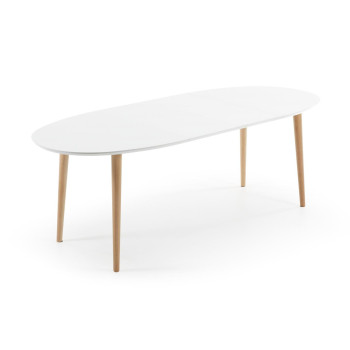 Oqui uitschuifbare ovale tafel, wit gelakt MDF, massief beukenhouten poten, 140 (220) x 90 cm