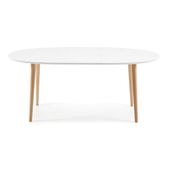 Oqui uitschuifbare ovale tafel, wit gelakt MDF, massief beukenhouten poten, 140 (220) x 90 cm