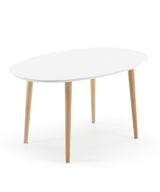 Oqui uitschuifbare ovale tafel, wit gelakt MDF, massief beukenhouten poten, 140 (220) x 90 cm
