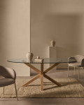 Argo ovale glazen tafel met stalen poten in houtlook.