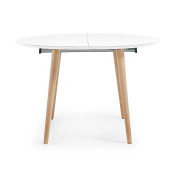Oqui uitschuifbare ronde tafel, MDF wit gelakt 120 naturel, witte lak